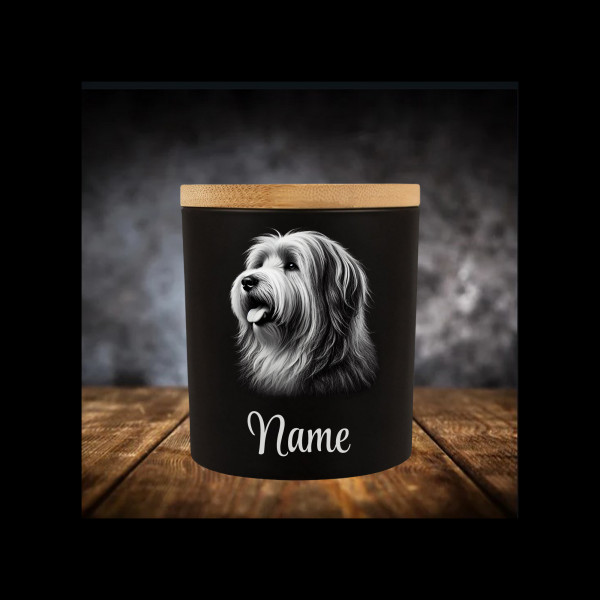 Bobtail Leckerliglas | Kerzenglas Matt Schwarz | Gravur Hunderasse mit Name Personalisiert