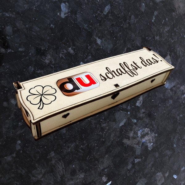 Du schaffst das! / Rechteck | Lasergravur auf Holz Geschenkbox mit Schokoriegel | Neues Design