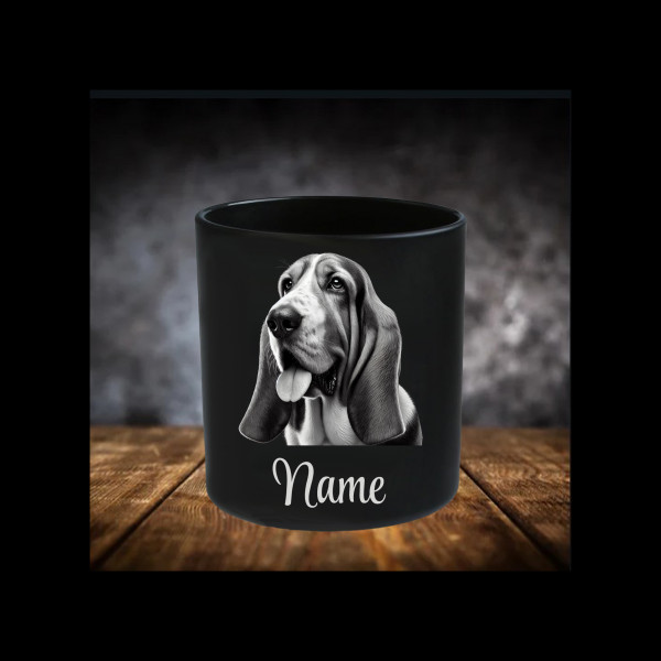 Basset Hound Leckerliglas | Kerzenglas Matt Schwarz | Gravur Hund mit Name Personalisiert