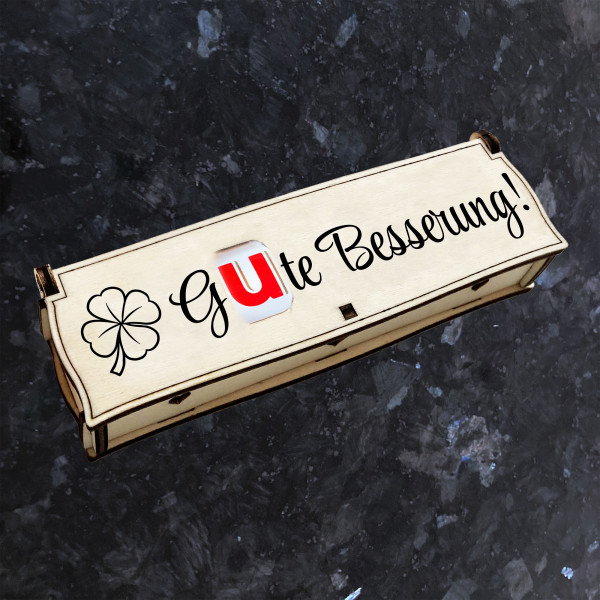 Gute Besserung! | Gravur auf Holz Geschenkbox mit Schokoriegel | Neues Design