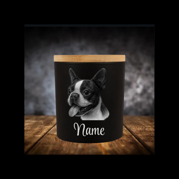 Boston Terrier Leckerliglas | Kerzenglas Matt Schwarz 400ml | Gravur Hunderasse mit Name Personalisi