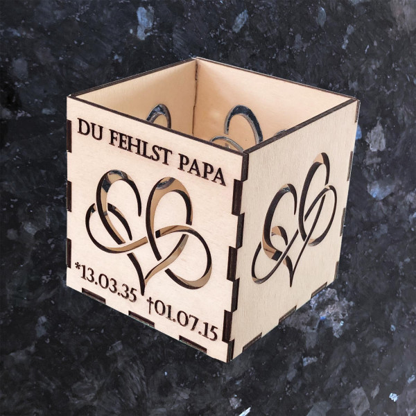 Trauer Windlicht Holz mit Symbol unendliche Liebe Mama oder Papa Personalisiert