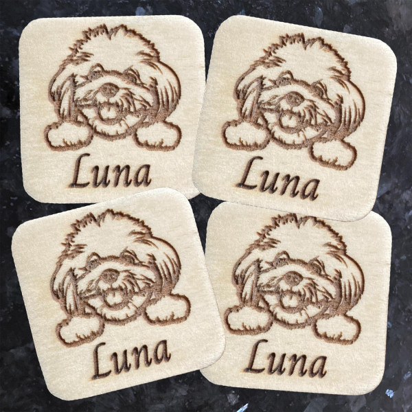 Set 4 x Kühlschrankmagnet Holz 4x4 cm Bichon Frise Personalisiert
