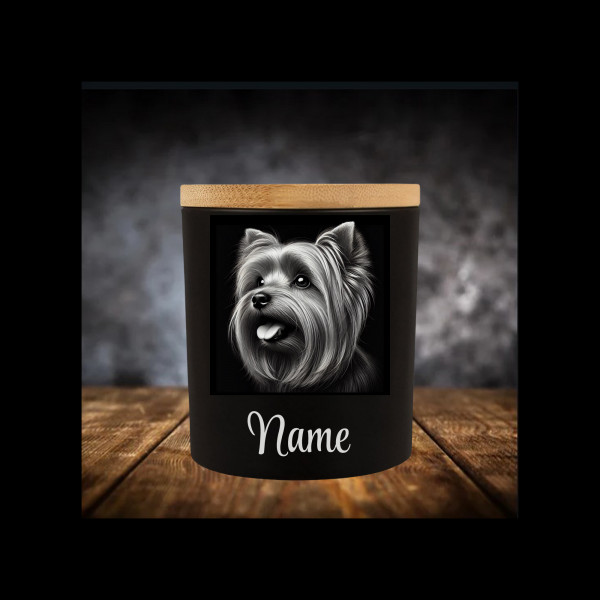 Yorkshire Terrier Leckerliglas Kerzenglas Matt Schwarz Gravur Hund mit Name Personalisiert
