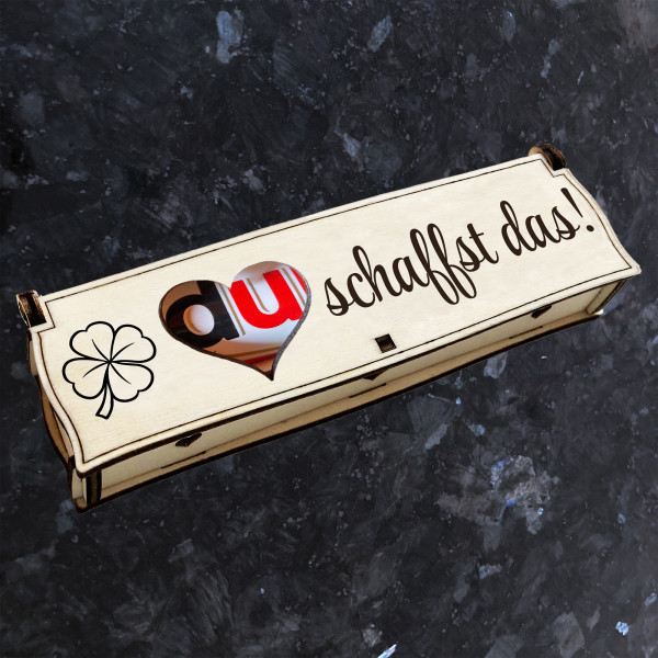 Du schaffst das! / Herz | Lasergravur auf Holz Geschenkbox mit Schokoriegel | Neues Design