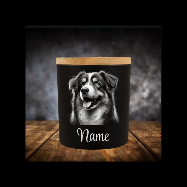 Australian Shepherd Leckerliglas | Kerzenglas Schwarz | Gravur Hund mit Name Personalisiert