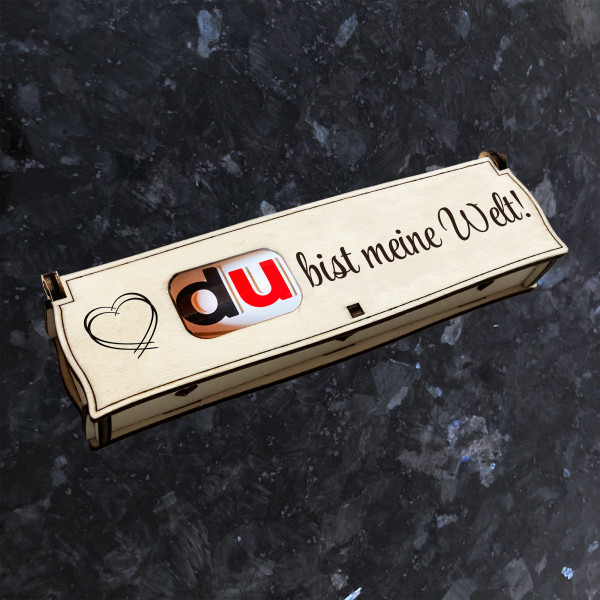 Du bist meine Welt! | Lasergravur auf Holz Geschenkbox mit Schokoriegel | Neues Design