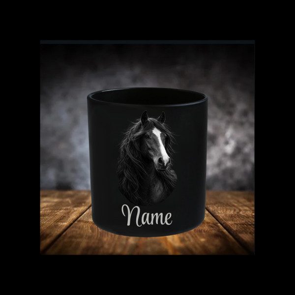 Pferd Lichtglas | Erinnerungsglas Matt Schwarz 400ml | Gravur Pferdekopf mit Name Personalisiert