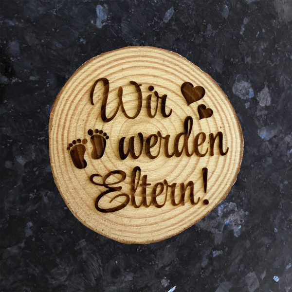 Verkündung Schwangerschaft Kühlschrankmagnet Holz kleine Baumscheibe