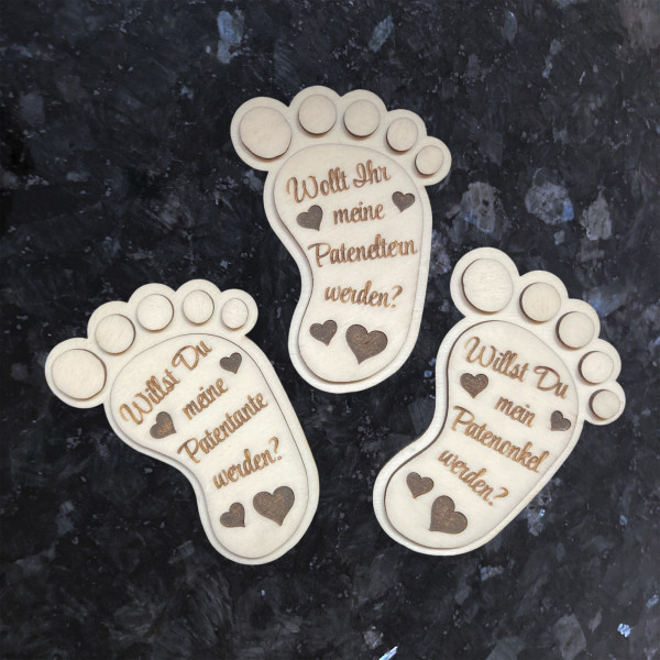 Holz Babyfuß mit Gravur Kühlschrankmagnet Geschenk Paten
