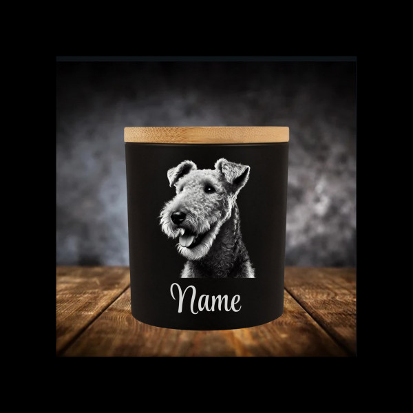 Airedale Terrier Leckerliglas Kerzenglas Schwarz Gravur Hund mit Name Personalisiert