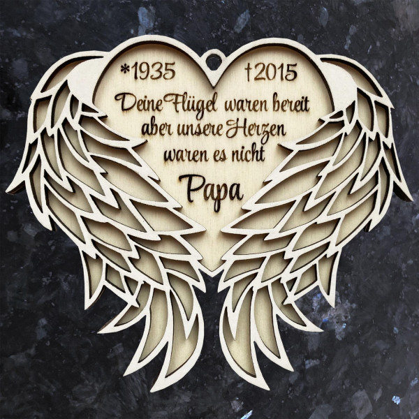 Herz Engelsflügel Holz Ornament mit Gravur Erinnerungsgeschenk Personalisiert