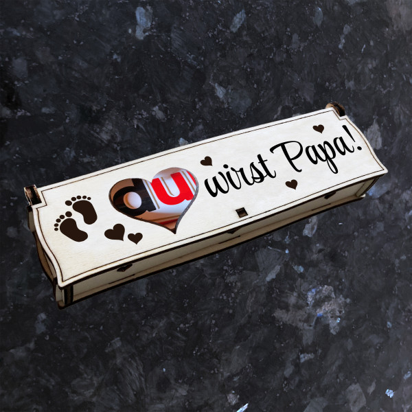 Du wirst Papa! | Gravur auf Holz Geschenkbox mit Schokoriegel | Neues Design