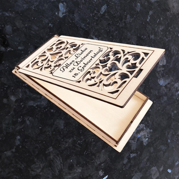 Geld / Gutschein Holz Geschenkbox mit Gravur Personalisiert