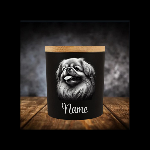 Pekingese Leckerliglas | Kerzenglas Matt Schwarz | Gravur Hunderasse mit Name Personalisiert