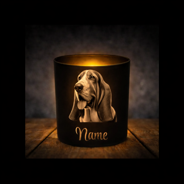 Basset Hound Leckerliglas | Kerzenglas Matt Schwarz | Gravur Hund mit Name Personalisiert