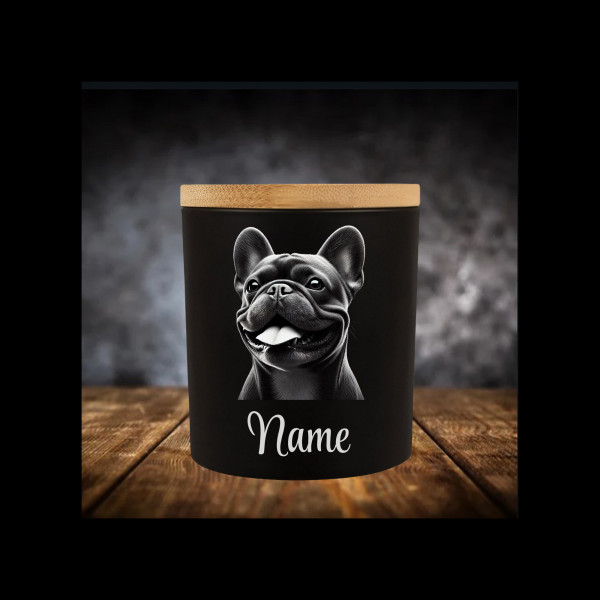 Französische Bulldogge Leckerliglas | Kerzenglas Matt Schwarz | Gravur Hund mit Name Personalisiert