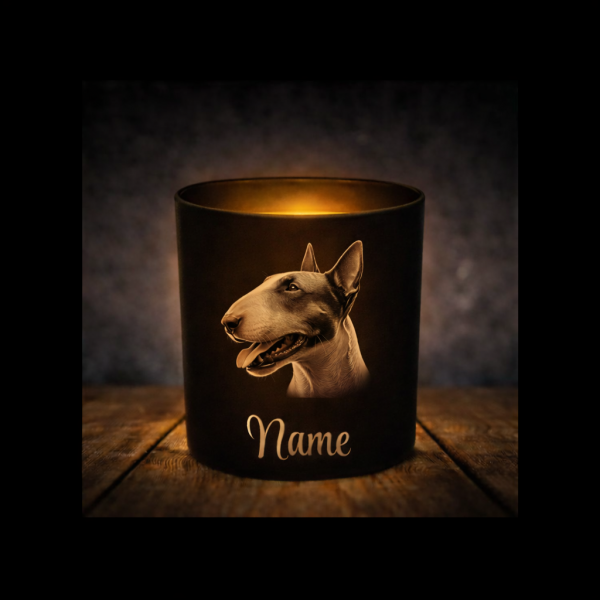 Bull Terrier Leckerliglas | Kerzenglas Matt Schwarz | Gravur Hunderasse mit Name Personalisiert