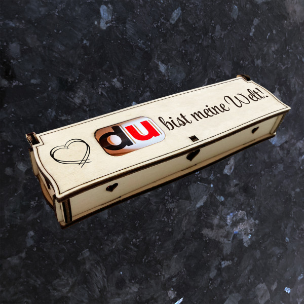 Du bist meine Welt! | Lasergravur auf Holz Geschenkbox mit Schokoriegel | Neues Design