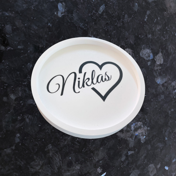 Runder Untersetzer Keramik Weiß mit Name in Schwarz Personalisiert
