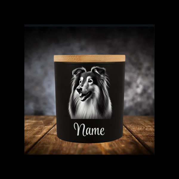 Sheltie Leckerliglas | Kerzenglas Matt Schwarz | Gravur Hunderasse mit Name Personalisiert