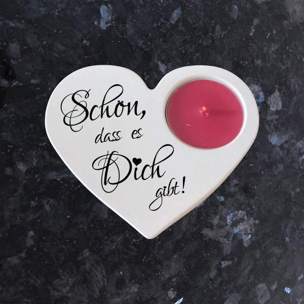 Massiver Teelichthalter Herz Keramik Weiß mit Spruch Höhe 45mm