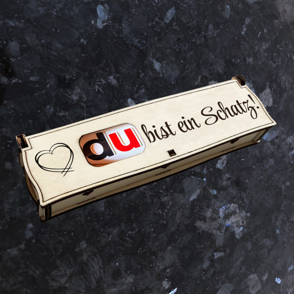 Du bist ein Schatz! | Lasergravur auf Holz Geschenkbox mit Schokoriegel | Neues Design