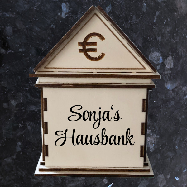 Dekorative Holz Hausbank - Spardose Personalisiert