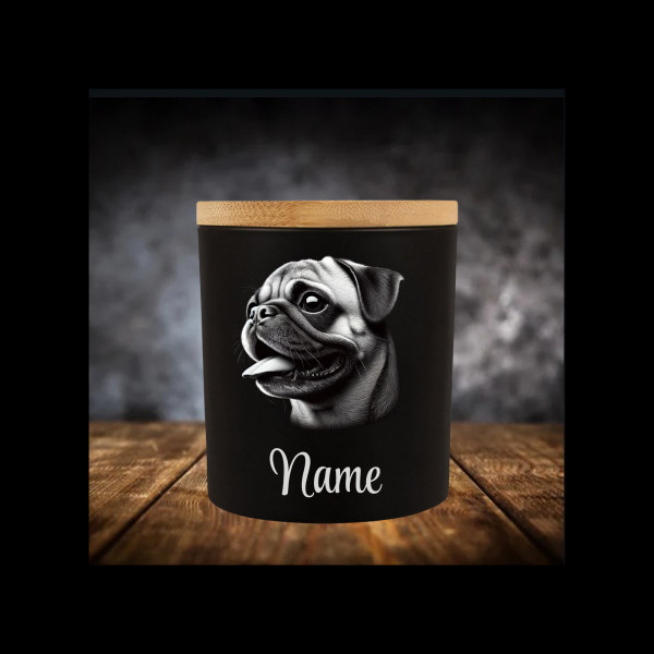 Mops Leckerliglas | Kerzenglas Matt Schwarz | Gravur Hunderasse mit Name Personalisiert