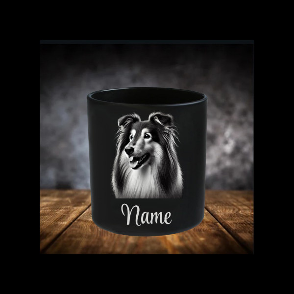 Sheltie Leckerliglas | Kerzenglas Matt Schwarz | Gravur Hunderasse mit Name Personalisiert