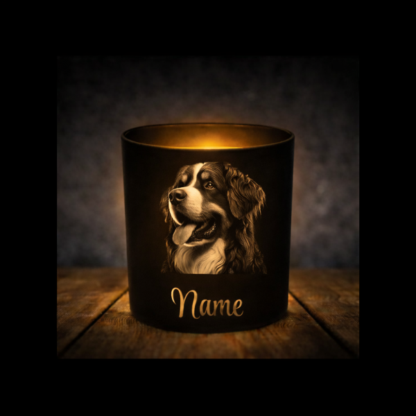 Berner Sennenhund Leckerliglas | Kerzenglas Matt Schwarz 400ml | Gravur Hunderasse mit Name Personal