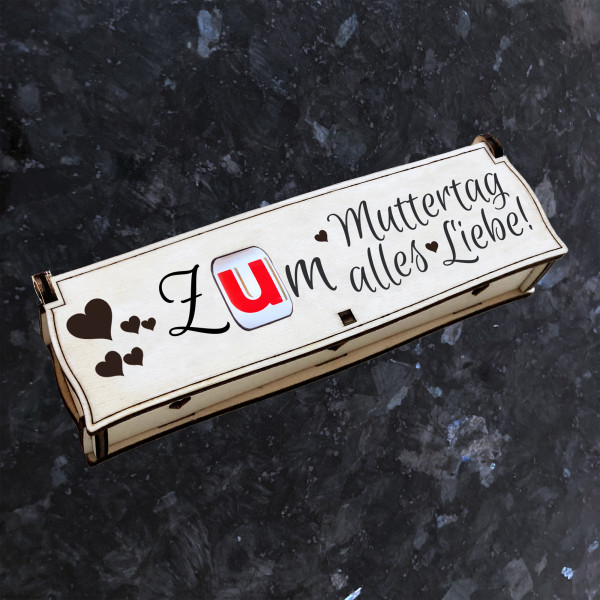 Zum Muttertag alles Liebe! | Gravur auf Holz Geschenkbox mit Schokoriegel | Neues Design