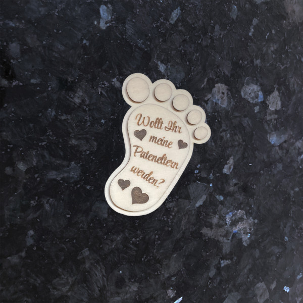 Holz Babyfuß mit Gravur Kühlschrankmagnet Geschenk Paten