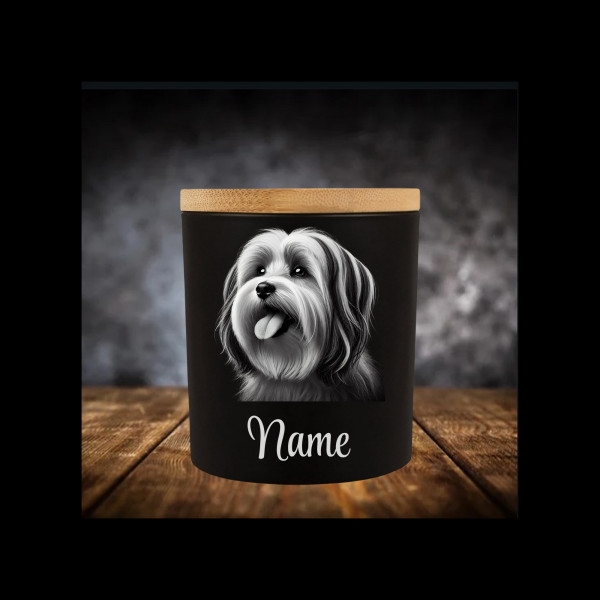 Havaneser Leckerliglas Kerzenglas Matt Schwarz Gravur Hunderasse mit Name Personalisiert
