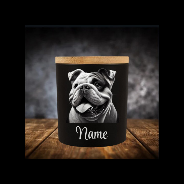 Bulldog Leckerliglas | Kerzenglas Matt Schwarz | Gravur Hunderasse mit Name Personalisiert
