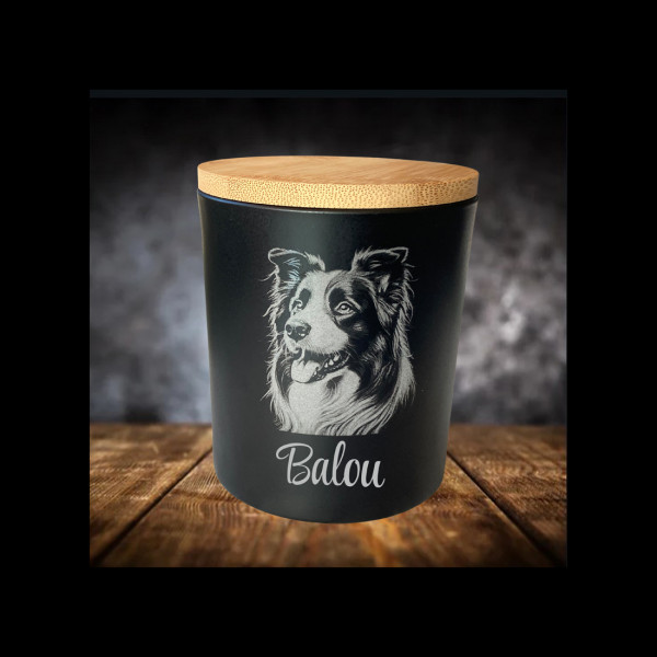Border Collie Leckerliglas Kerzenglas Schwarz Gravur Hunderasse mit Name Personalisiert