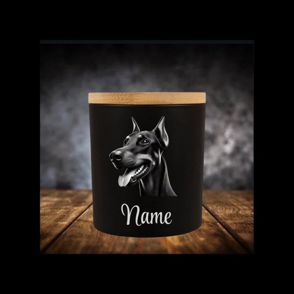 Dobermann Leckerliglas | Kerzenglas Matt Schwarz 400ml | Gravur Hunderasse mit Name Personalisiert