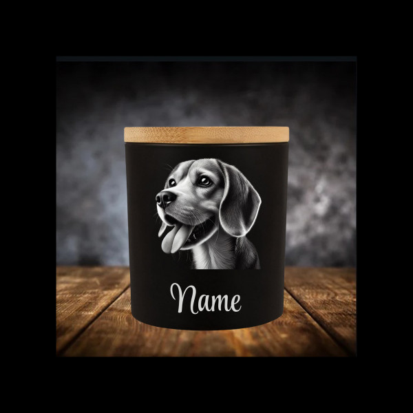 Beagle Leckerliglas | Kerzenglas Matt Schwarz | Gravur Hund mit Name Personalisiert