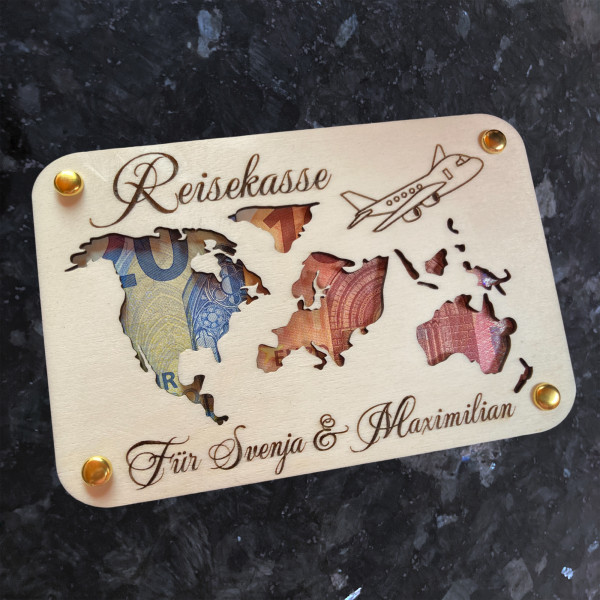 Reisekasse Holz Geschenkbox für Geldgeschenk mit Gravur Personalisiert