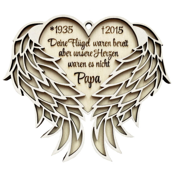 Herz Engelsflügel Holz Ornament mit Gravur Erinnerungsgeschenk Personalisiert