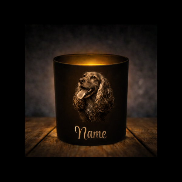 Cocker Spaniel Leckerliglas | Kerzenglas Matt Schwarz | Gravur Hunderasse mit Name Personalisiert