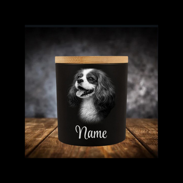Cavalier King Charles Spaniel Leckerliglas Kerzenglas Schwarz Gravur Hund mit Name Personalisiert