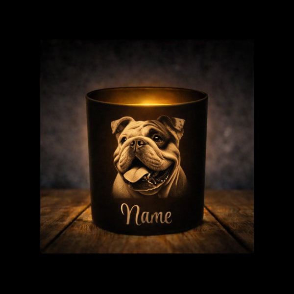 Bulldog Leckerliglas | Kerzenglas Matt Schwarz | Gravur Hunderasse mit Name Personalisiert