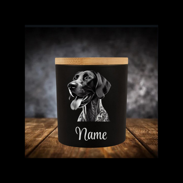 Deutsch Kurzhaar Leckerliglas | Kerzenglas Matt Schwarz 400ml | Gravur Hunderasse mit Name Personali