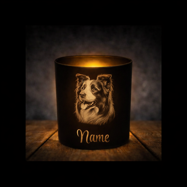 Border Collie Lichtglas | Erinnerungsglas Schwarz Gravur Hunderasse mit Name Personalisiert