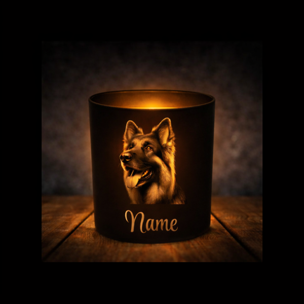 Deutscher Schäferhund Leckerliglas | Kerzenglas Schwarz Gravur Hund mit Name Personalisiert