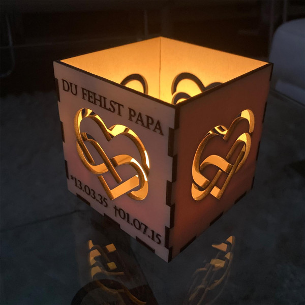 Trauer Windlicht Holz mit Symbol unendliche Liebe Mama oder Papa Personalisiert