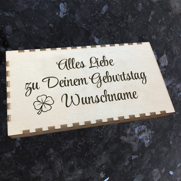 Alles Liebe zu Deinem Geburtstag Wunschname Holz Geschenkbox mit Gravur für 1 Tafel Schokolade