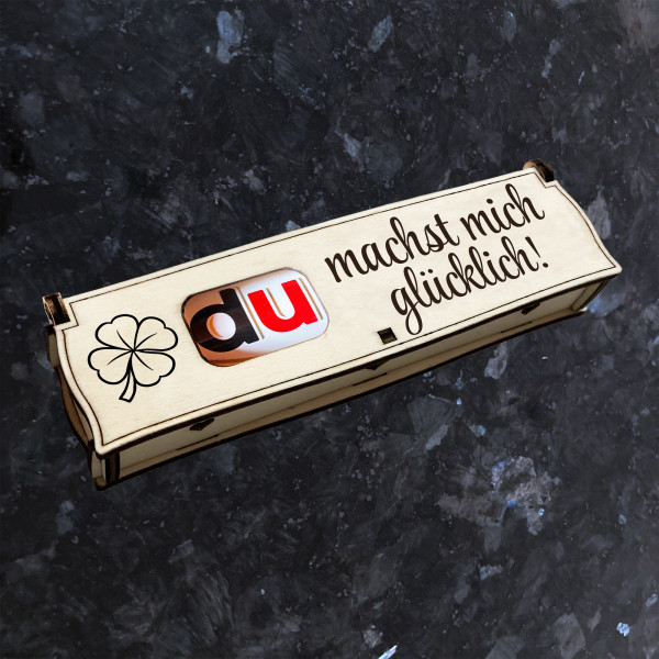 Du machst mich glücklich! | Lasergravur auf Holz Geschenkbox mit Schokoriegel | Neues Design