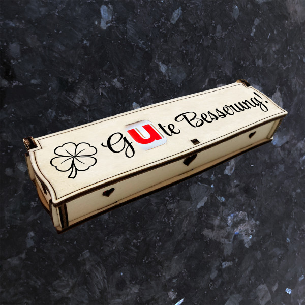 Gute Besserung! | Gravur auf Holz Geschenkbox mit Schokoriegel | Neues Design